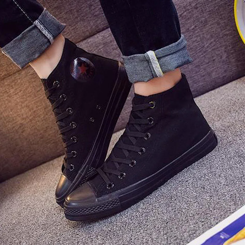 Big size 35-47 high top sneakers canvas shoes boys sneakers unisex shcool shoes men comfort sneakers man autumn shoes - Цвет: Black
