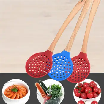 

Silicone Skimmer Wood Handle Heat Resistant Slotted Spoon Food Serving Ladle Frying Strainer Kitchen Utensil for Home Restaurant