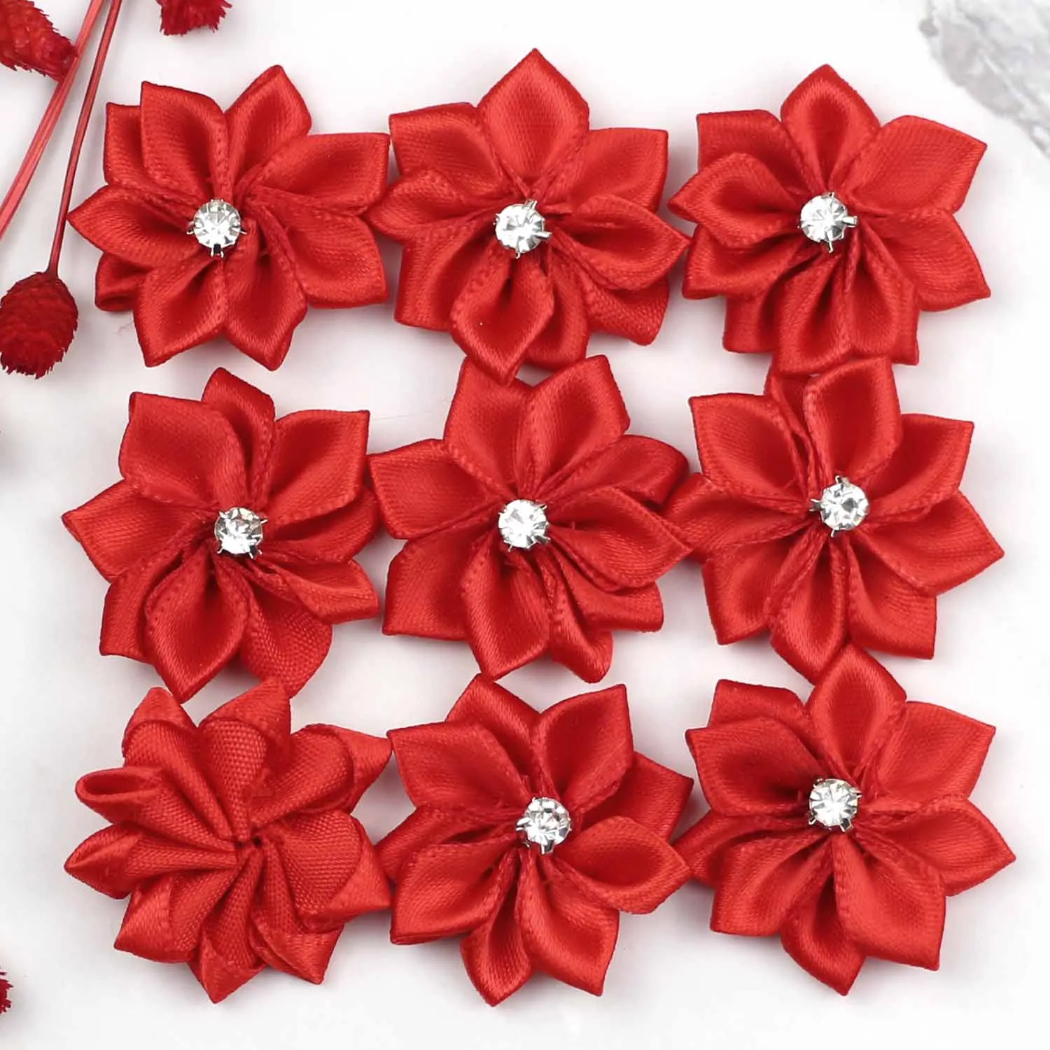 

Lulang 24pcs 3cm Artificial Flowers Crystal Rhinestone Decoration Satin Ribbon Flower Appliques Crafts (red)
