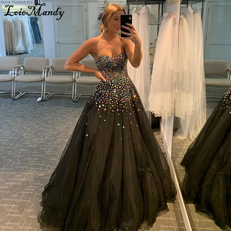 

Black Tulle Evening Dresses Long 2022 Sweetheart Shining Crystal Celebrity Dress Party For Women Formal Plus Size Robe de soiree