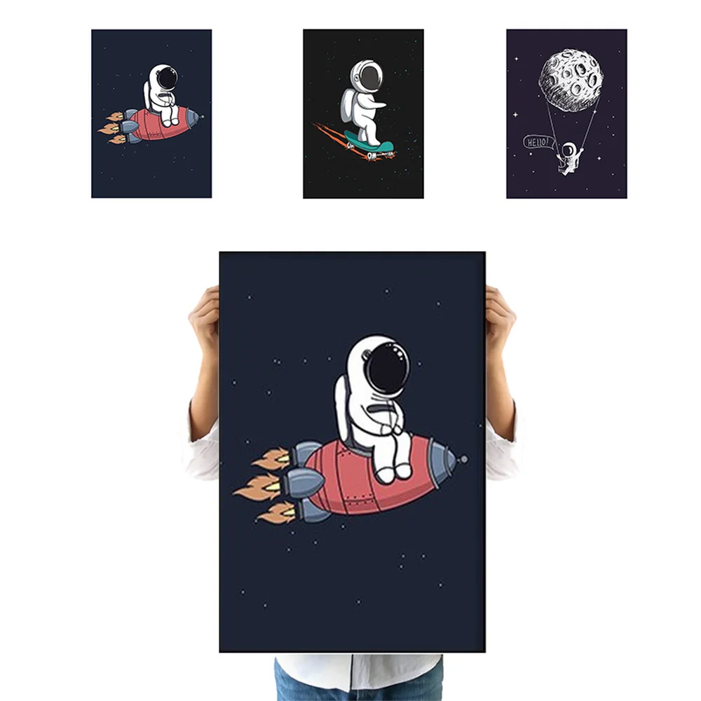 

Classic Astronaut On The Moon Poster Cartoon Hello Moon Space Astronaut Rocket Landing On The Moon Wall Art Canvas Painting
