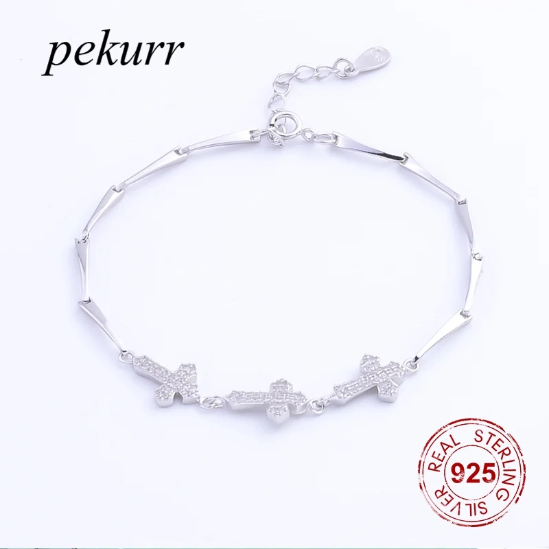 Женский браслет Pekurr из 100% серебра 925 пробы с крестом 3 фианитов | Украшения и
