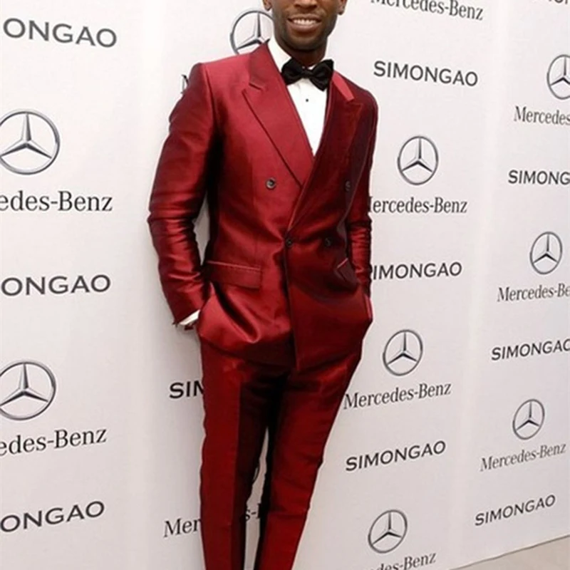 

New Red Satin Double Breasted Men Suit Slim Fit 2 Pieces Men Tuxedos For Party Prom Wedding mens Suits (Jacket+Pants+Bow)