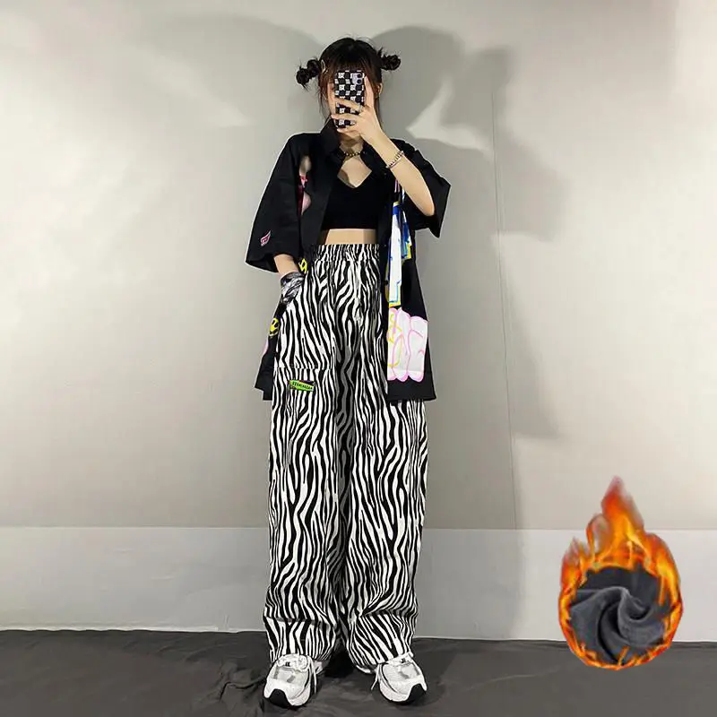

HOUZHOU Zebra Pants Women Japanese Streetwear Women Trousers Loose Harajuku Pants Korean Style Wide Leg Pants 2020 Winter