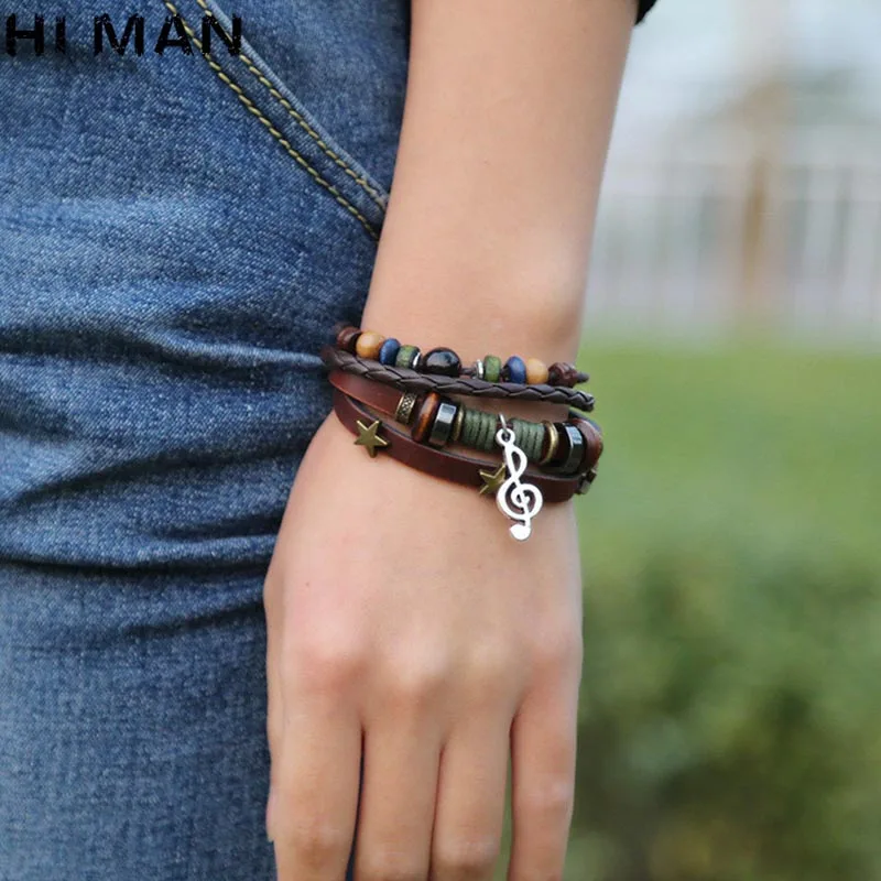 Vintage Punk Multilayer Leather Bracelet Man Women Fashion Note Accessory Bead Bracelets Charm Jewelry Wrap Adjustable Wristband