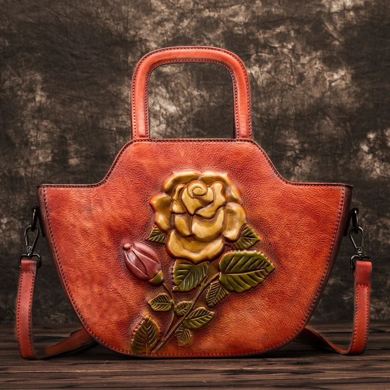 

Genuine Leather Woman Package Manual Wipe Color Carving Diagonal Package Flowers And Plants Single Shoulder Layer Skin Handbag