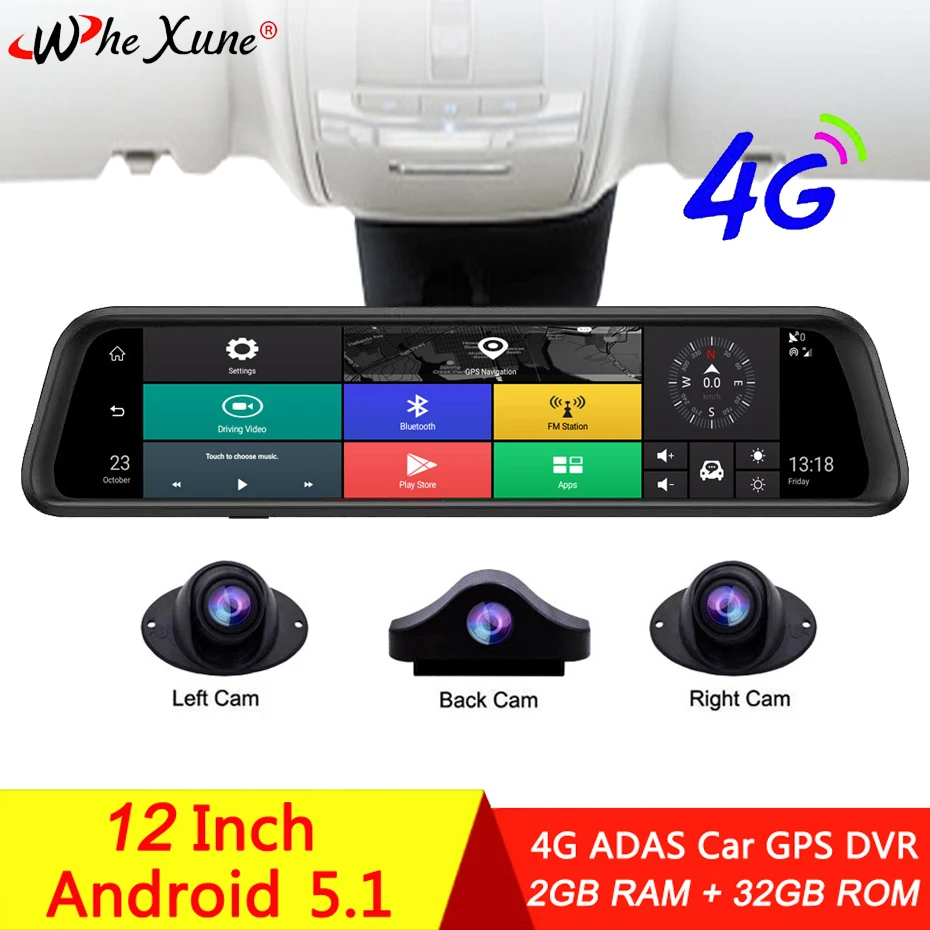 Зеркало-видеорегистратор WHEXUNE12 с дисплеем IPS 4 канала 4G Android ADAS Wi-Fi Full HD 1080P