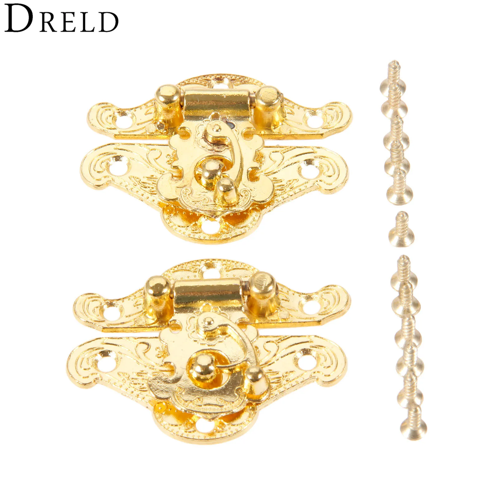 DRELD 2Pcs Antique Gold Box Latch Hasps Lock Catch Latches Furniture Hardware for Jewelry Box Suitcase Buckle Clip Clasp 38*49mm furniture hardware jewelry box hasps decorative latches