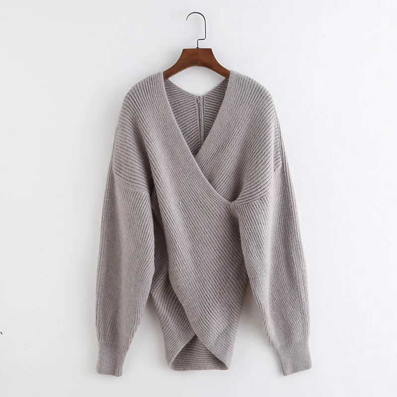 Grey OMIKRON Pull Femme зимние свитера с длинными рукавами, одноцветные, с v-образным вырезом, сексуальные, с перекрещивающимися вставками, свитер для женщин, большие размеры, Roupa Feminina - Цвет: Grey