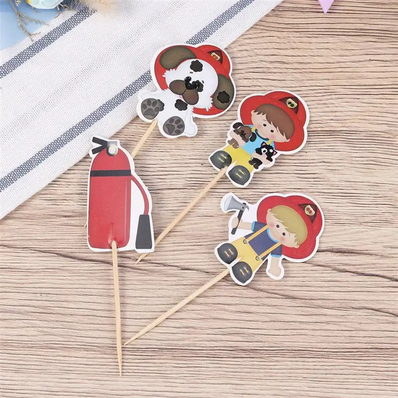 48PCS Practical Cake Decoration Use Toppers Fire Truck Firefighter Theme Cake Toppers Fruit Picks Cake Decorating Toppers