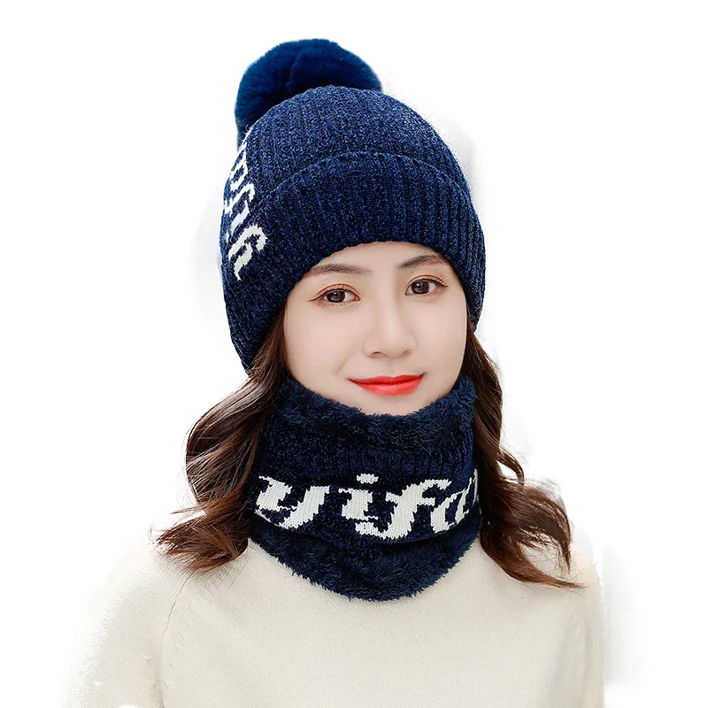 Нагрудник s Зима Skullies для женщин нагрудник теплые Kintted Beanies женские шапочки зимний комбинезон шапка женские шапки для женщин s зима для женщин - Цвет: Тёмно-синий