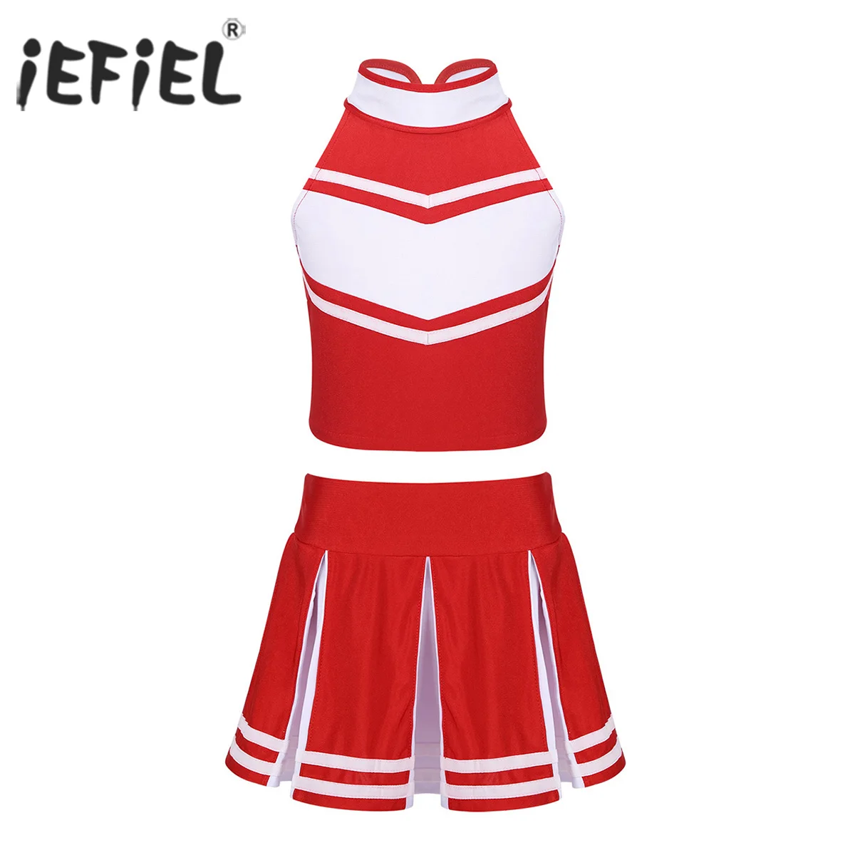 

2019 Kids Girls Cheerleader Costume Zippered Tops with Skirt School Uniform Stage Performance Cosplay Party Ballroom Dance Wear