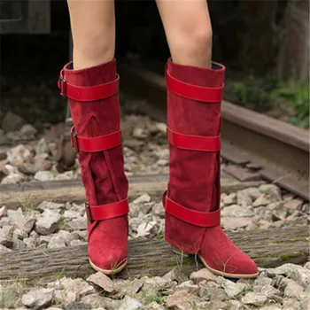 

Red Women Knee High Boots Suede Female Straps Chunky High Heel Boots for Winter Pointed Toe Platform Rubber Boot