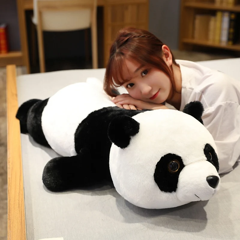 

Hot New 50cm-90cm Lifelike Rabbit Hair Lying Panda Plush Toys Soft Cartoon Animal Black and White Stuffed Doll Sleeping Pillow