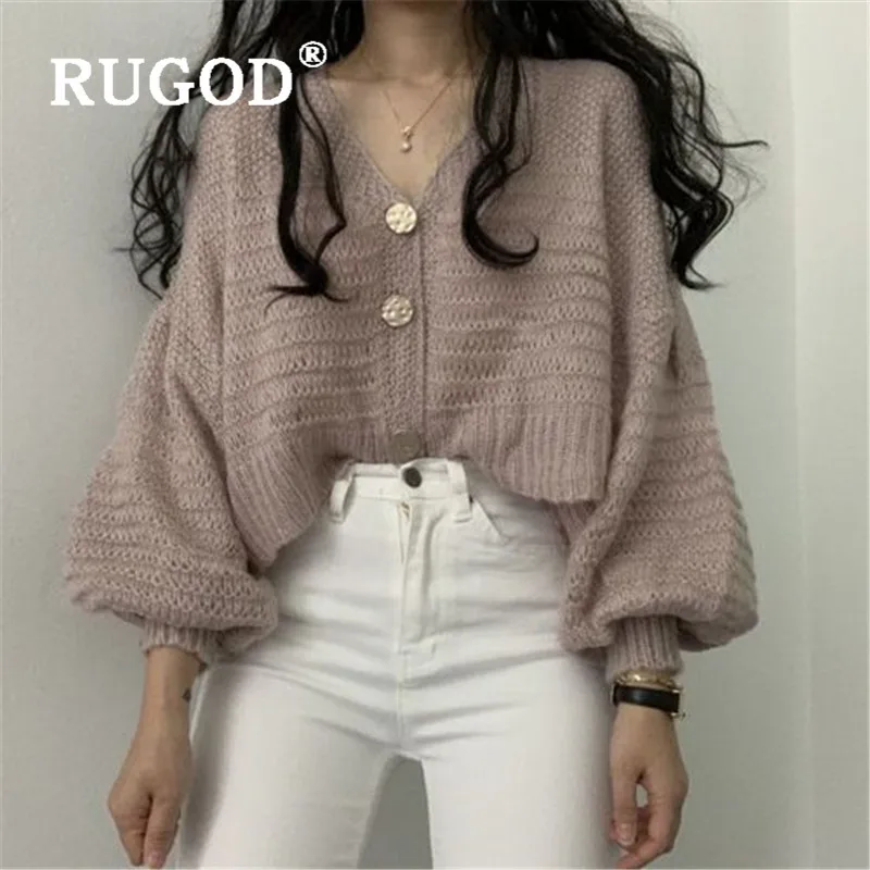 RUGOD, корейский стиль, шикарный кардиган с большими пуговицами и рукавами-фонариками, Однотонный свитер, зимние топы для женщин, мода