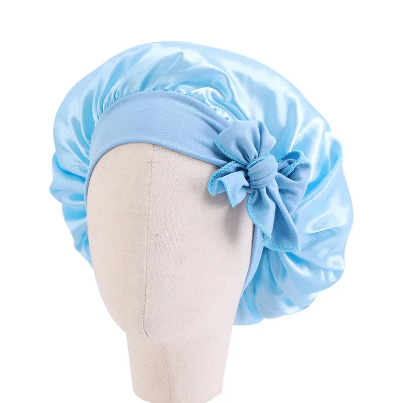 Kids Satin Solid Color Sleeping Hat Night Sleep Baotou Cap Cute Bow Elastic Hair Care Bonnet Nightcap Bonnet Turban Headwear 