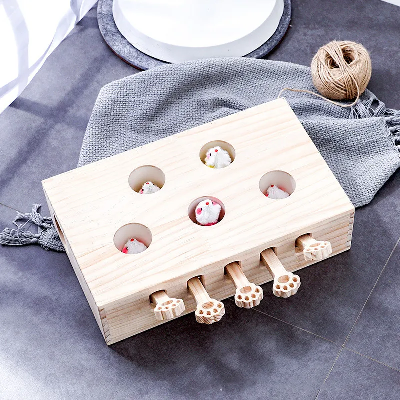 

Wooden Pet Cat Dog Toy Funny 5 Mouse Holed Hunt Puzzle Cat Interactive Hamster Catch Bite Funny Playing Supplies Accessories