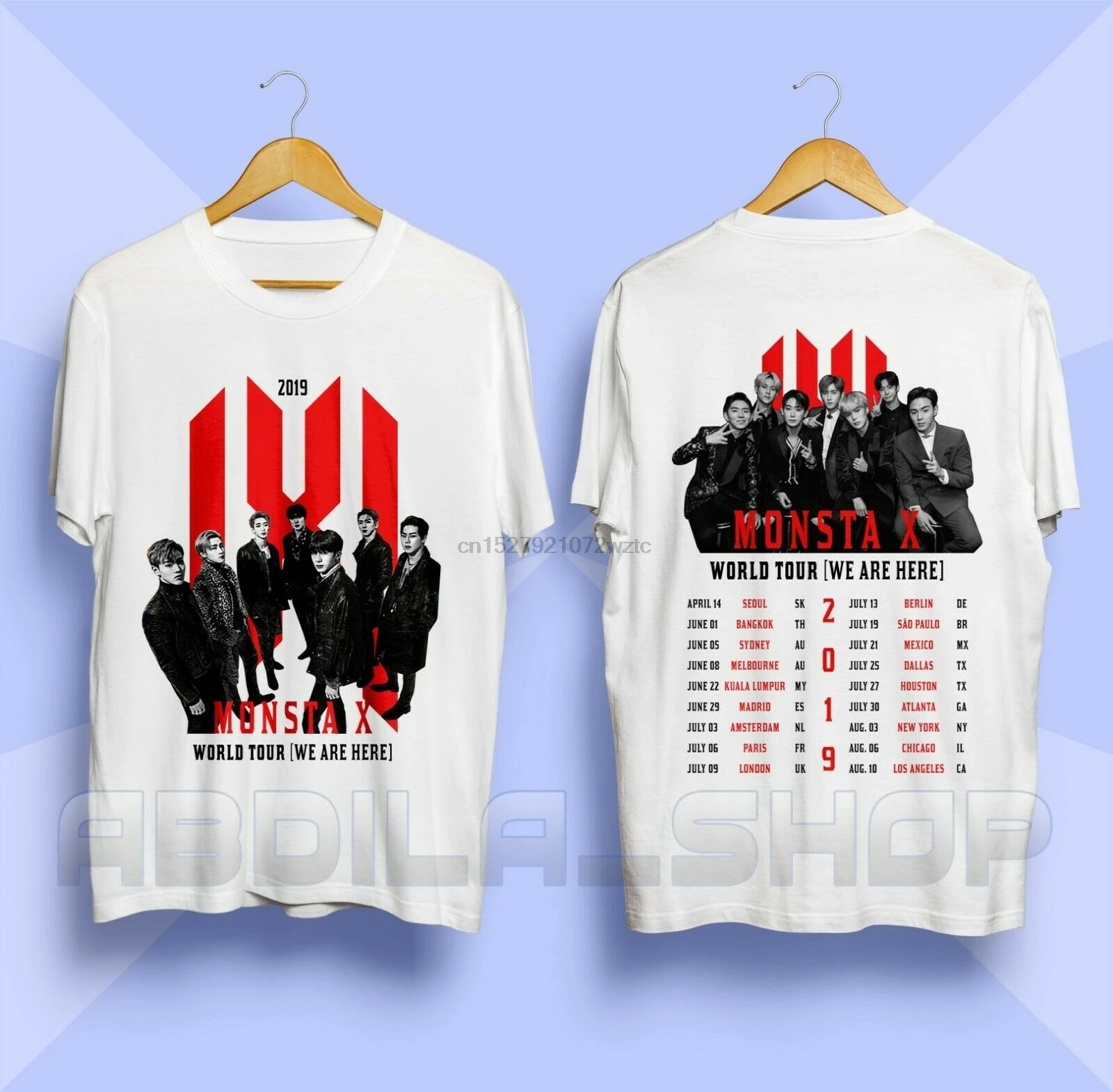 Monsta X World Tour 2019 белая футболка с надписью We Are Here Размер S-3XL | Мужская одежда