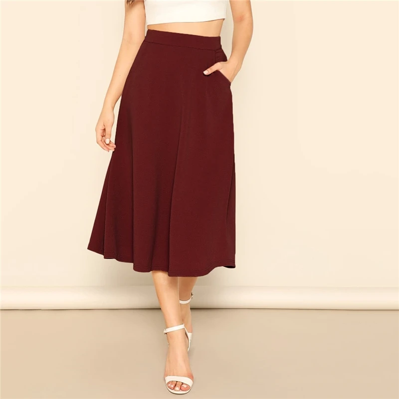 COLROVIE Solid Slant Pocket Swing Skirt Women High Waist Casual Long Skirt Autumn Fashion Elegant A Line Ladies Midi Skirts