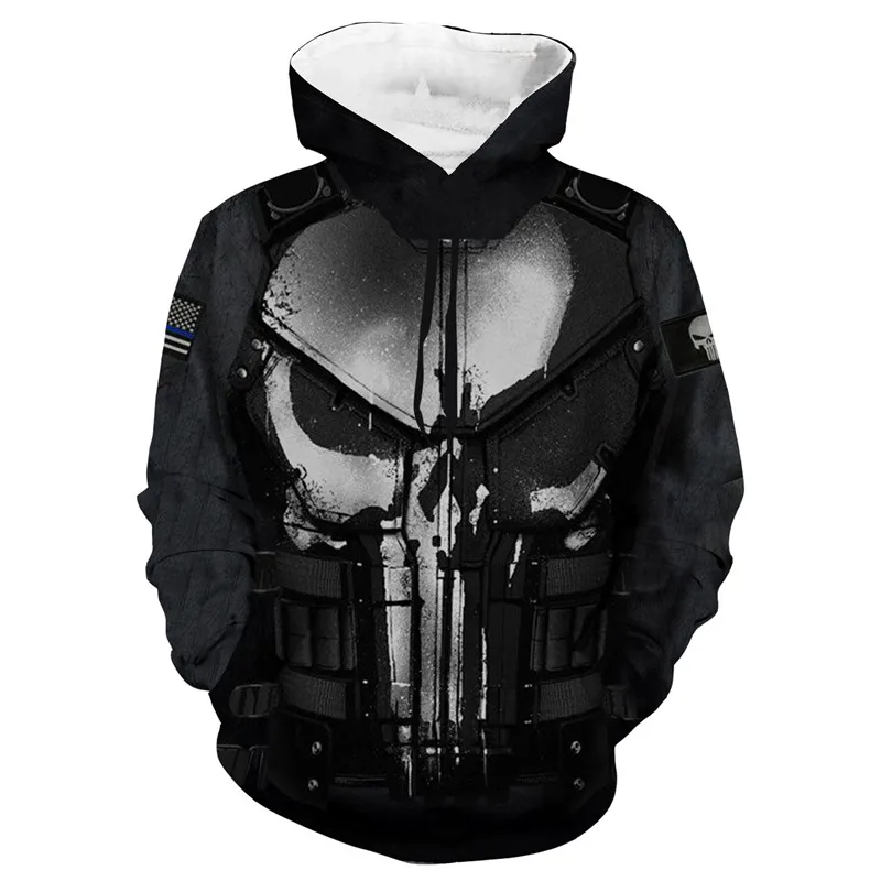 No Zipper Каратель косплей костюм Толстовка мужская уличная 3D принт крутая Мода хип хоп молния толстовки с капюшоном мужская куртка пальто - Цвет: No Zipper