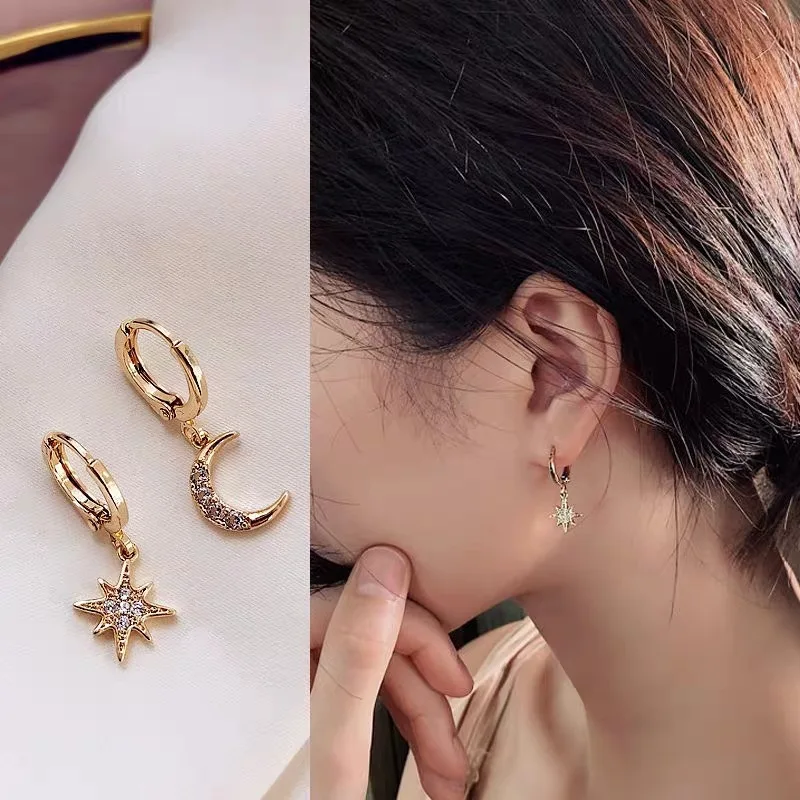 VENTFILLE 925 Sterling Silver CZ Star Moon Asymmetric Hoop Earrings for Women Girls Gold Silver Color Party Jewelry Gifts - Image 4