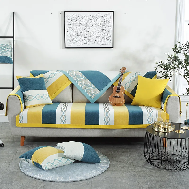 

American Modern Slipcovers for Corner Couch L Shaped Sectional Sofa Towel Geometric Contrast Color Chenille Sofa Cover Protector