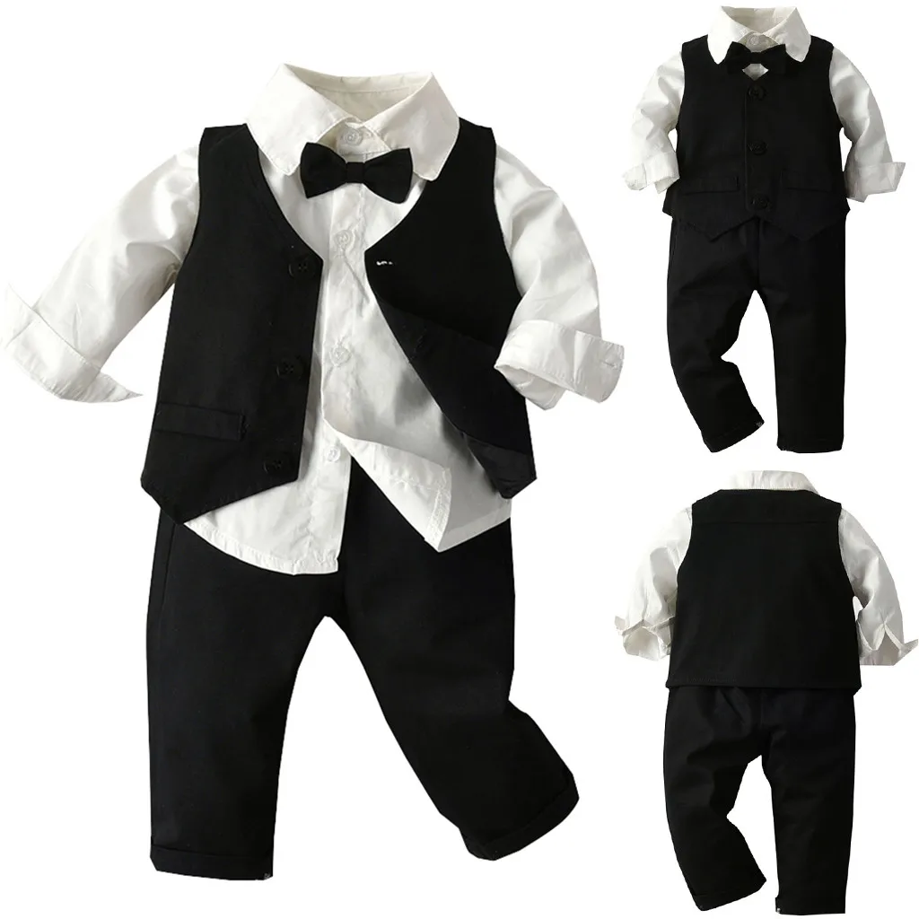 

Three Pieces Toddler Boy Clothes Gentleman Bow Tie Suit T-Shirt Solid Vest+Pants Outfit Children's Costume For Boy 1 2 3 4 Years