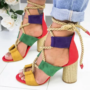 

Women Sandals Lace Up Summer Shoes Woman Heels Sandals Pointed Fish Mouth Gladiator Sandals Woman Hemp Rope High Heels Shoes
