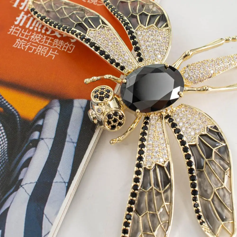 Cubic Zirconia Big Black Insect Dragonfly Brooch Broach Pin Women Jewelry Accessories XR05562