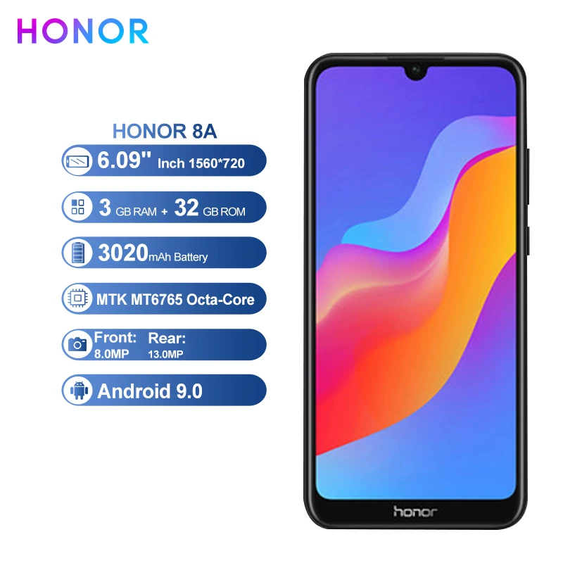 Смартфон huawei HONOR 8A с глобальной прошивкой, Android 9,0, 6,09 дюймов, MT6765, четыре ядра, разблокировка лица, 3020 мА/ч, 3 слота, сотовый телефон
