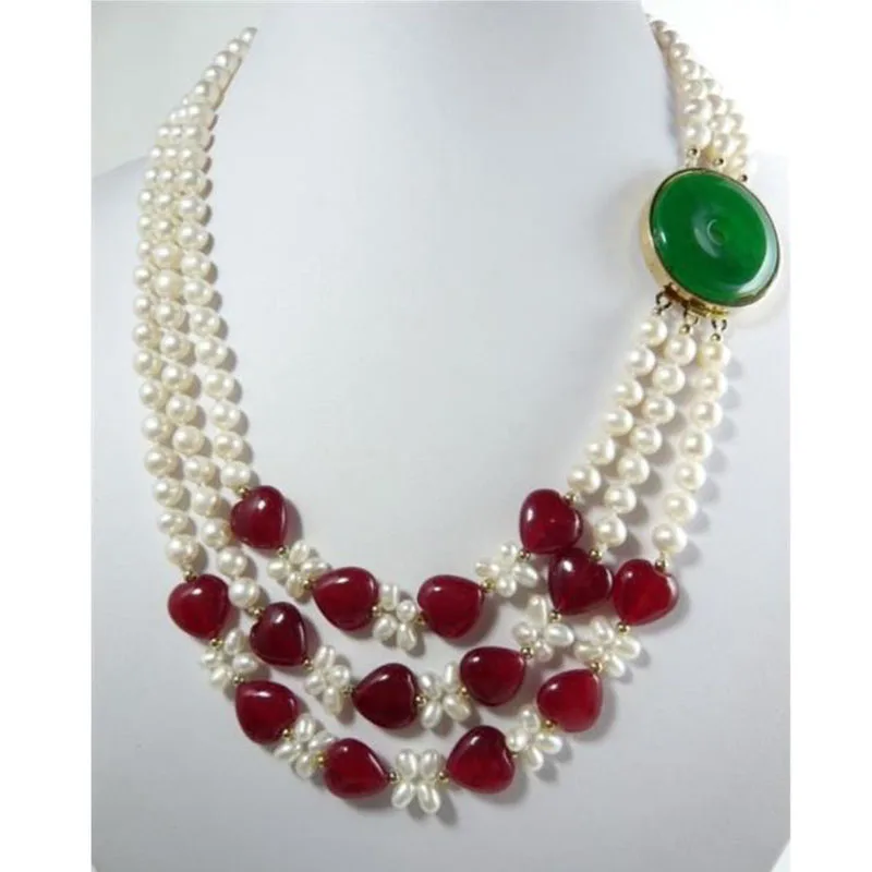 

Charming 3Row 7-8mm White Freshwater Pearl & Heart-shaped Red Ruby Necklace jj