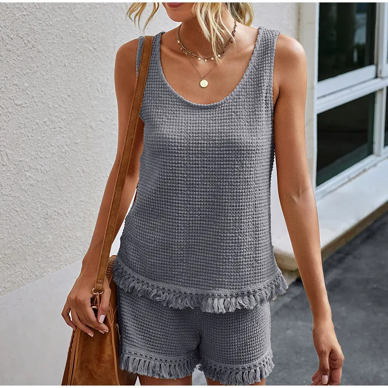 Summer Beach Two Piece Set Women tassel Tracksuit Loungewear Casual Sleeveless Tops + Slim Shorts Suit Elegant Woman Set Outfits dressy pant suits