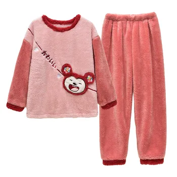 

Vana Javeasen Coral Fleece Women's Sleepwear Sets Sweet Cartoon Female Pajama 2Pcs Autumn And Winter Warm Pajamas Set Gecelik