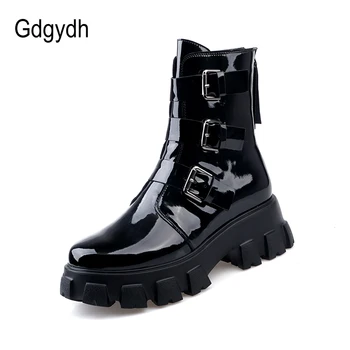 

Gdgydh Thick Bottom Gothic Shoes Women Platform Boots Spring Autumn Sexy Buckle Patent Leather Ladies Ankle Boots High Quality