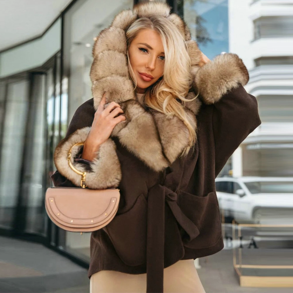 Fashion Fox Fur Wool Blends Coat with Hood Thick Warm Winter New Women Genuine Cashmere Coats with Fox Fur Natural Overcoat 2022
