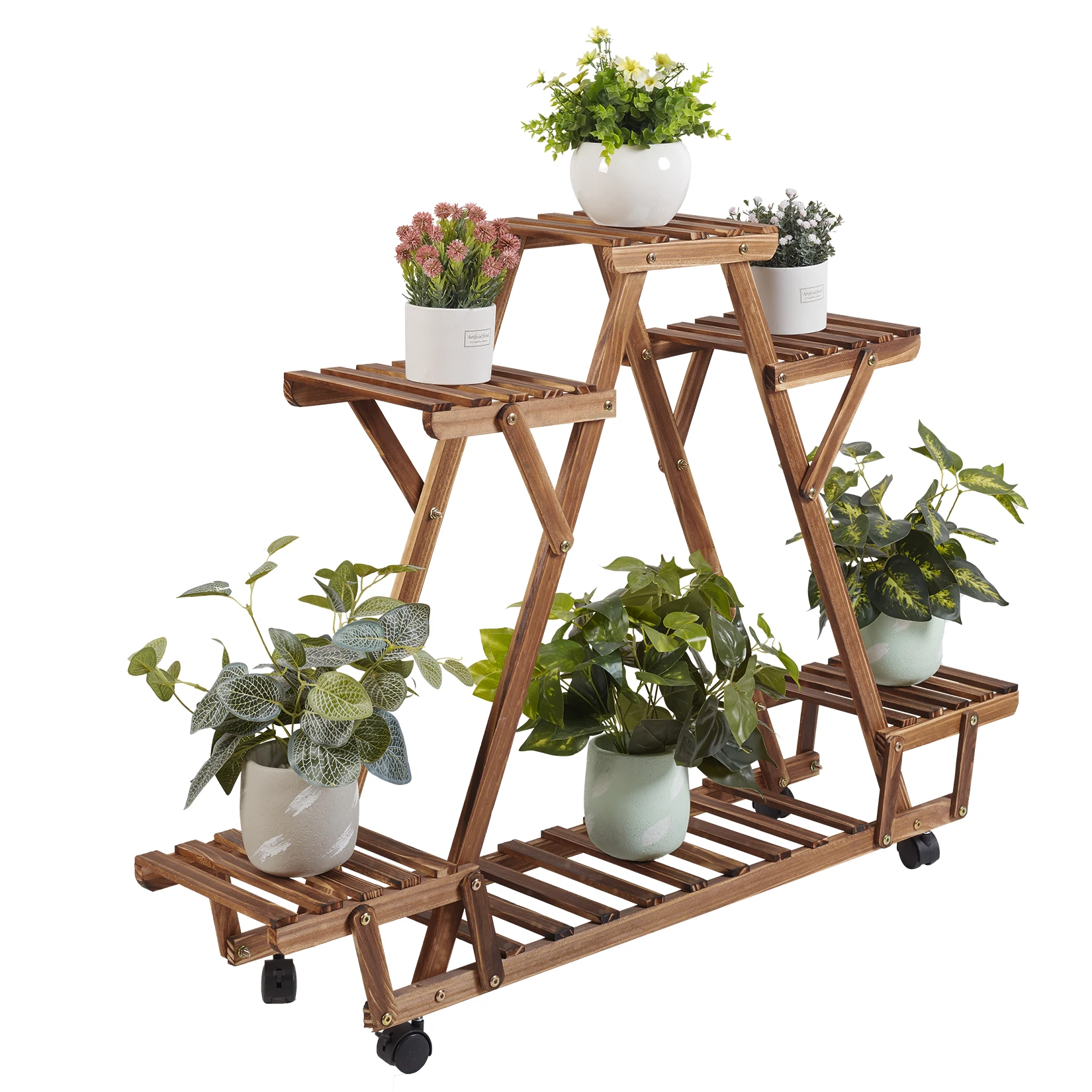 Triangular Plant Shelf 6 Potted Carbonized Wood Plant Holder Flower Pot Stand Display Storage Rack with Wheels for Garden 6