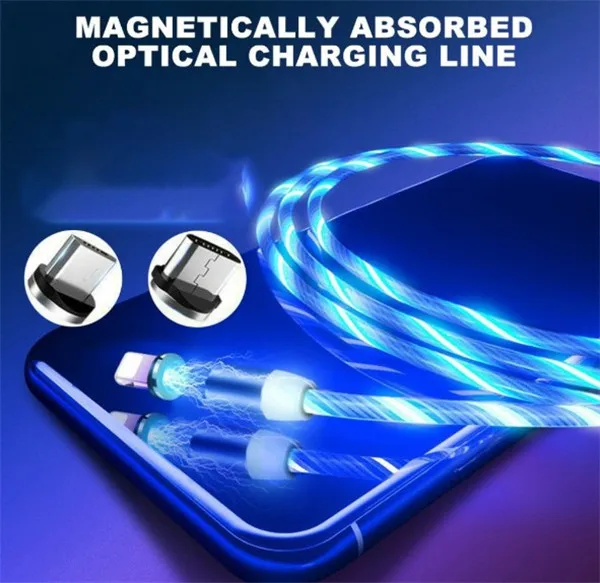 1 м Магнитный зарядный мобильный телефон кабель USB Type C поток светящийся провод