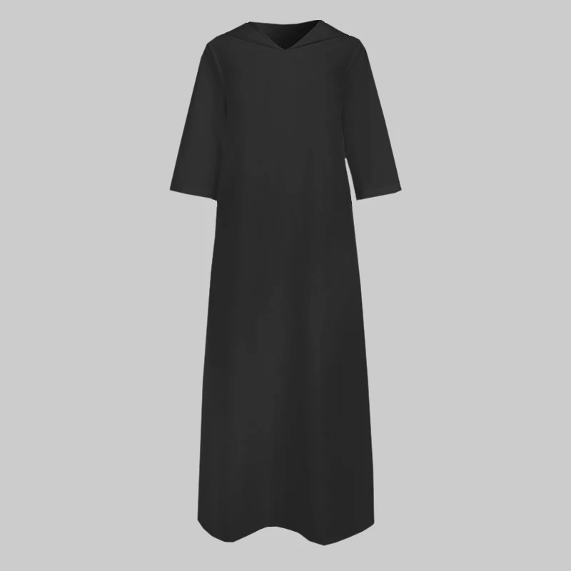 Модное женское льняное платье-рубашка с капюшоном, повседневное свободное платье макси с карманами, вечерние платья размера плюс 5XL - Цвет: Черный