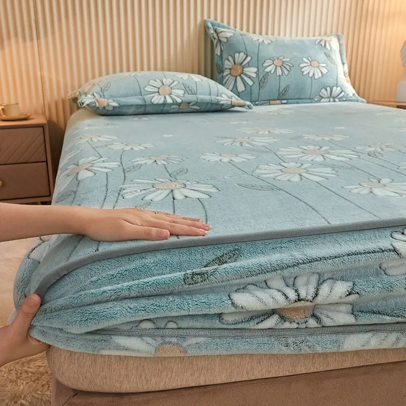 

Yovepii Snowflake Fleece Fitted Sheet for Home, Flannel Velvet Mattress Cover, Warm Linen Mat, Pastoral Style, 1.5m, Winter, 1Pc