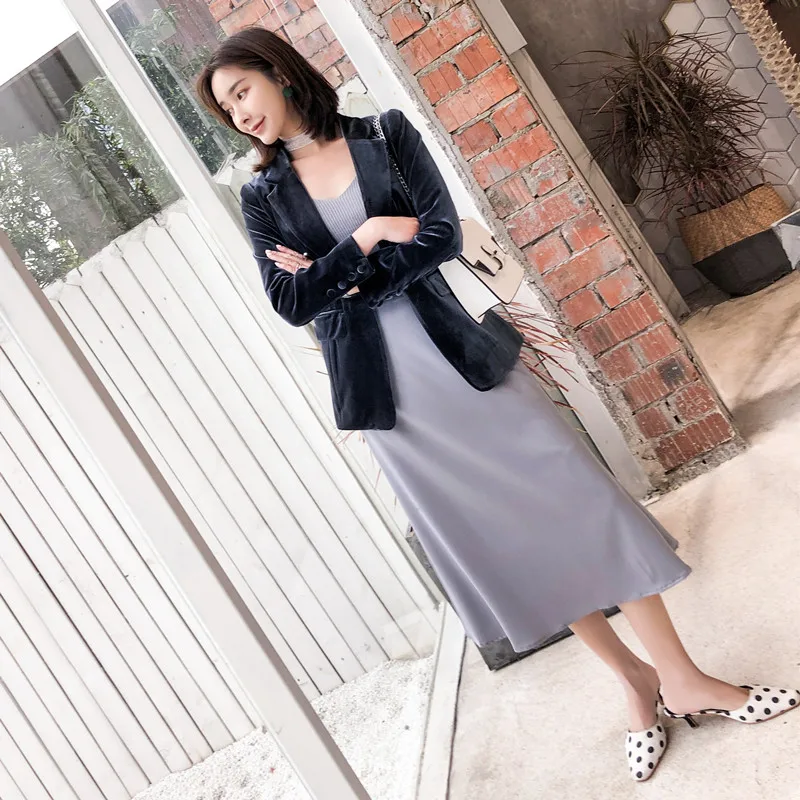 Женская одежда Весна и осень темперамент тонкий бархатный маленький костюм Превосходная куртка Женский длинный золотой бархатный пиджак