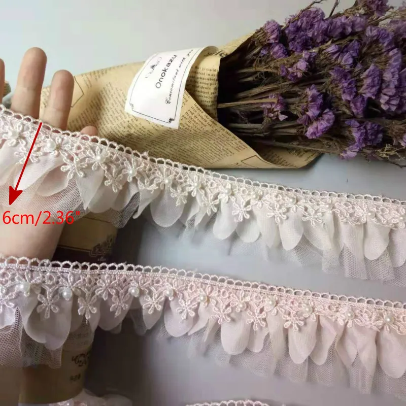 

2 yards Pink 60mm 2-layer Pleated Lace Ribbon Gathered Mesh Chiffon Fabric Handmade DIY Wedding Dress Lace Trim Sewing Craft