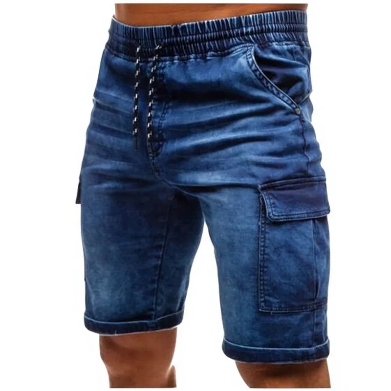 

2019Men's Streetwear Multi-pocket Summer Denim Short Fashion Men Bermuda Hip hop Loose Solid color Cargo jeans shorts