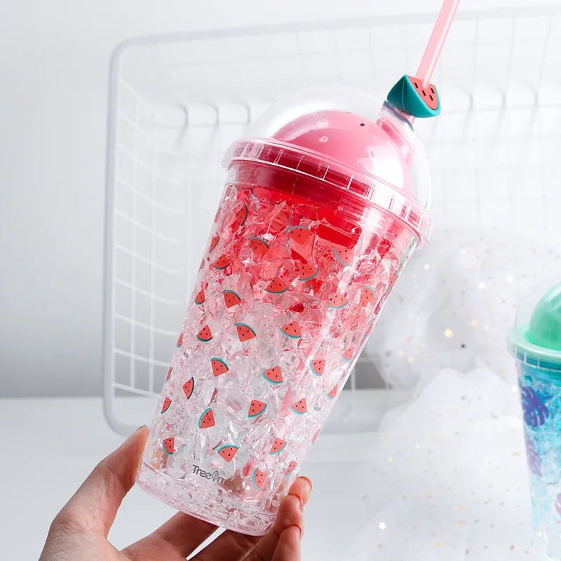 

450ML Double Layer Cooling Straw Cup Ice Water Cup In Summer Ins Wind Ice Cup Creative Cute Water Bottle Cup With Straw