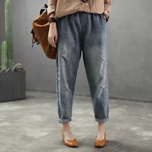 Длинные брюки для девочек; Новинка; брюки для отдыха с эластичной резинкой на талии; женская одежда; белые свободные джинсы с вышивкой в старинном стиле