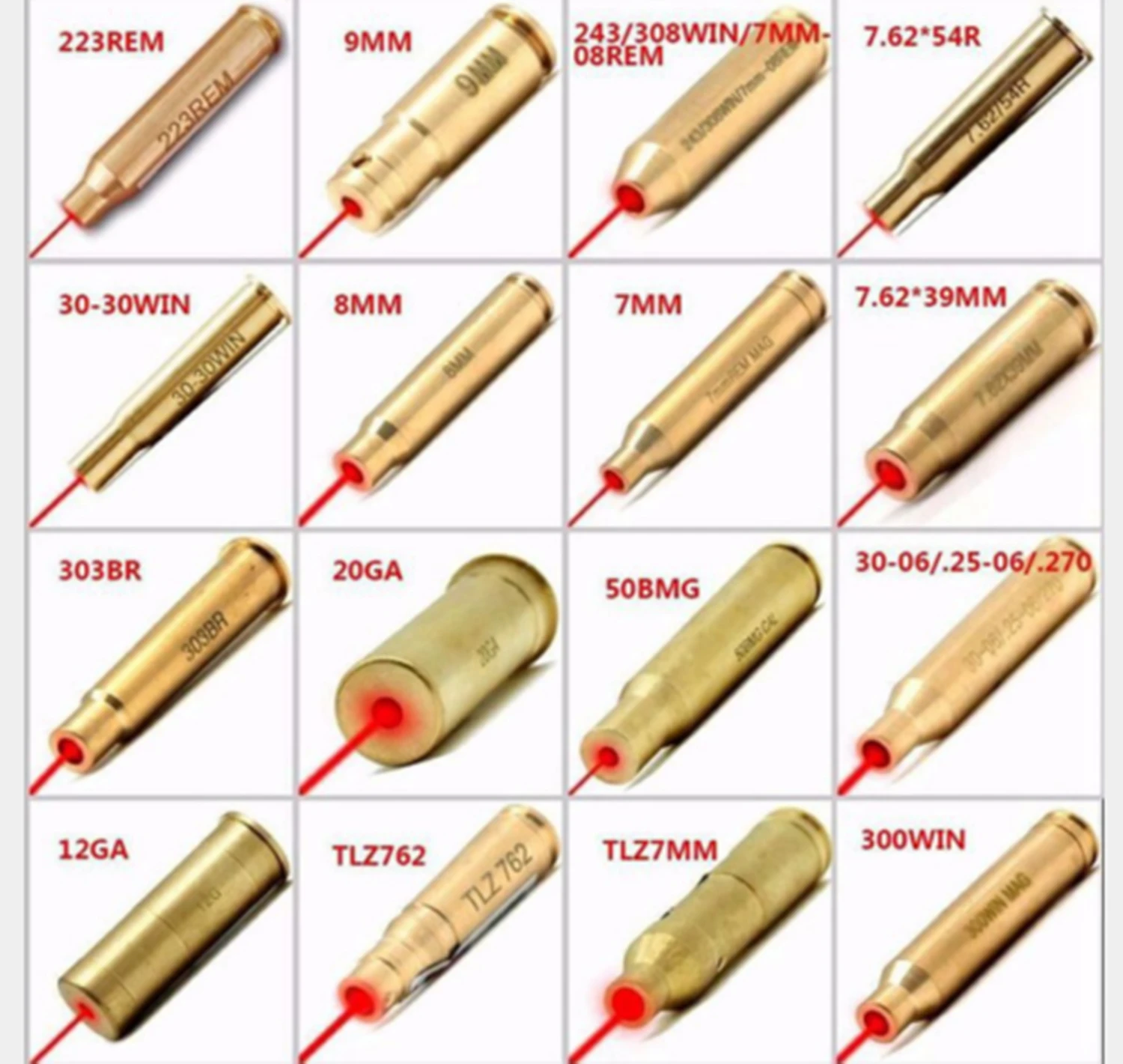 Красный лазерный патрон Boresight CAL King 7 мм/8 мм/9 мм/223/308/270/7.62 × 54/7.62 39/30-30/12GA/20GA