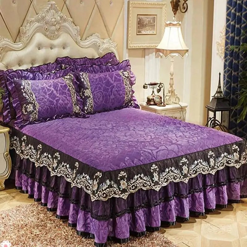 36 3pcs thick lace bedspreads Euro style velvet skirted bed sheet and pillowcases set quality cover | Дом и сад