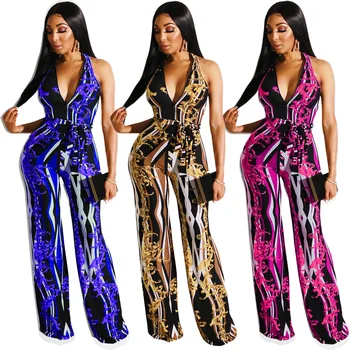 

Printed pants sexy Jumpsuits women Casual Straight plus size glitter jumpsuits Two-sided wear