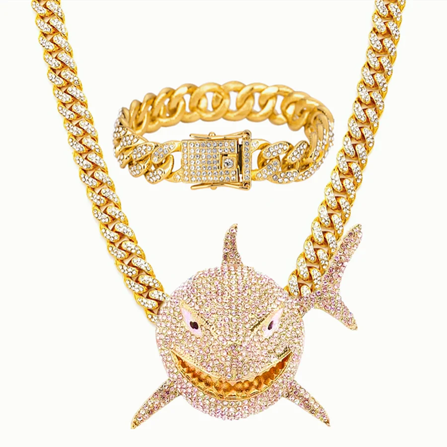 Rock Hip Hop 12mm Cuban Chain Shark Pendant Mens Necklace Iced Out Watch Rhinestone Rapper Chain CZ Bling for Men Jewelry Gifts