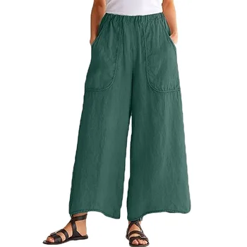 

Wide Leg Pants Women Cotton Linen Trousers Spring Autumn Elastic Waist Loose Oversized Pockets Wide-Legged Pant Trousers Femme