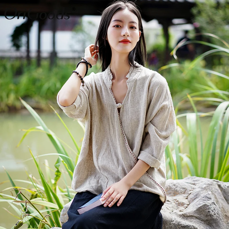 OriGoods женская льняная блузка в китайском стиле льняная рубашка блузка с длинным рукавом и v-образным вырезом однотонная белая блузка Оригинальная Новинка рубашка C263
